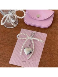 韓國優雅新款甜美珍珠&amp;蝴蝶結&amp;銀色心形吊飾鑰匙扣,可用於汽車、airpods、手機