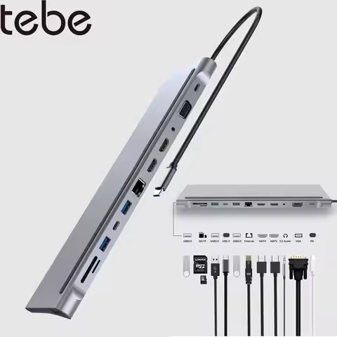 Tebe MST USB C Hub Type-C to Dual HDMI-Compatible VGA Multi USB Lan Ethernet 3.5mm PD Charger SD TF 