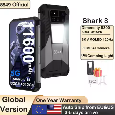 8849 SHARK 3 by Unihertz Rugged Smartphone Android 14 32GB 512GB Dimensity 8300 3K AMOLED Screen 116