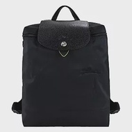 LONGCHAMP LE PLIAGE GREEN系列刺繡再生尼龍摺疊後背包 黑