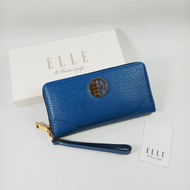 ELLE กระเป๋าสตางค์ผู้หญิงใบยาว ซิปรอบ สีน้ำเงินอมฟ้า หนังลาย อะไหล่สีทอง มีสายคล้องมือ ของใหม่ ของแท้100%