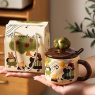 LORA Home JS2 J4 Apple Mug Ceramic Cup Girl Super Cute Coffee Cup with Lid Spoon