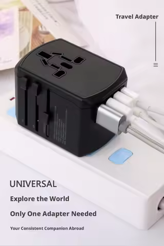 Universal Travel Plug Adapter: 4-in-1 (US/EU/UK/AU), 110–250V, 6A/8A, 2 USB Ports, CE ROHS FCC Certi