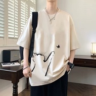 【 M-5XL 】Summer New Playful Cat Printed T-shirt for Men Versatile Casual Loose Oversized T-shirt for