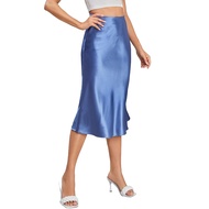 Women Midi Skirt High Waist Satin-Like Shiny Skirt Solid Color Mid-calf Length Skirt Soft Breathable