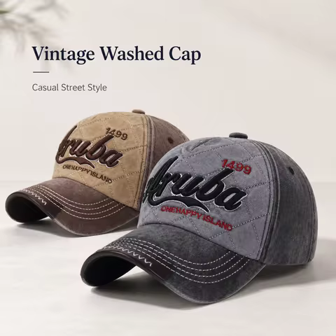 Retro Aruba 1499 Quilted Baseball Cap Unisex Washed Denim Style Dad Hat 3D Letter Embroidery PU Leat