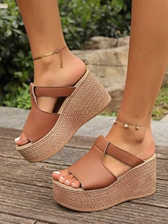 2024年春夏季女士楔形厚PU鞋底半拖鞋，適用於時尚沙灘派對和社交活動