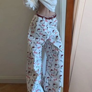 Spring Women's Casual White Pants Cartoon Cat Print Stylish Wide Leg Pants