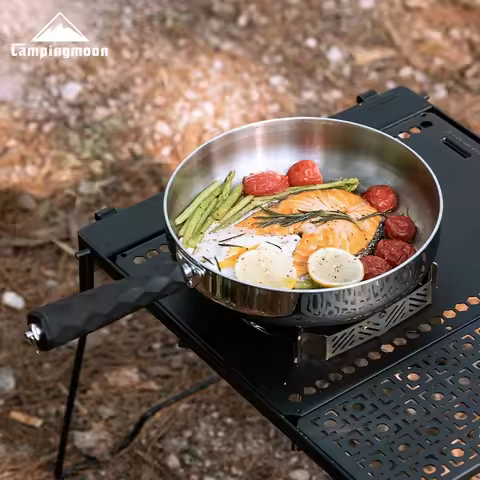 CAMPINGMOON CC-23 camping three-layer steel frying pan, portable and detachable handle, deep frying 