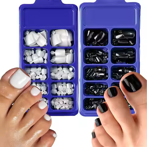 100/120Pcs Glossy Black White Press On Toenails Short Square Full Cover Fake Toe Nails Acrylic Toe F