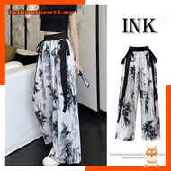 Ink Painting Ribbon Pants Women Ice Silk Straight Cut Palazo Slack High Waist Baggy Loose Wide Leg C