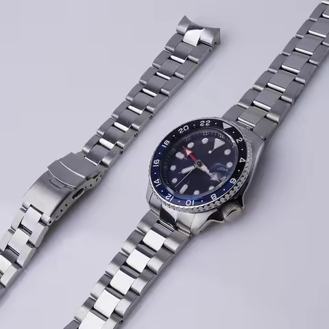 Rolamy 22mm WatchBand Silver CurvedEnd Links Replacement Strap Bracelet Double Push Clasp For Seiko 