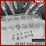 TMOY 60Pcs/12 Grids Mixed 3D Punk Silver Heart Cross Metal Manicure Nail Decoration Retro Different 
