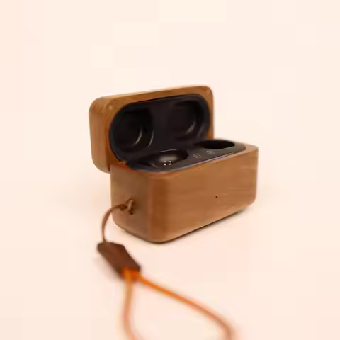 Handmade Walnut Wood Case for Devialet Gemini II – Split Protective Earbuds Cover, Round Arc/Square 