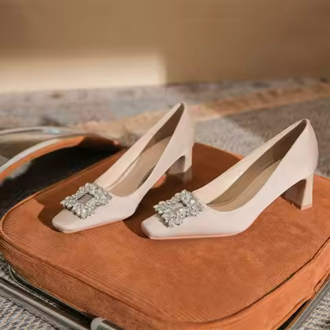 Women's Satin Rhinestone Square Toe High Heels Stylish and Simple Elegant Dress Weddings Bridal Part