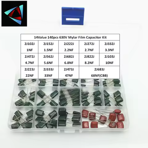 140PCS 14ValuesX10Pcs Mylar Film Capacitor Assorted Kit 630V 2J102J~2J683J 1nF~68nF Polyester 2J222J