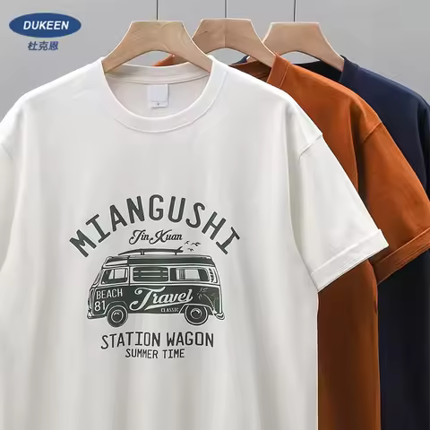 Dukeen Men's 320gsm Plus Size T-shirt 2026 Summer Fashion Retro Bus Printed Fashion T Short Sleeve T