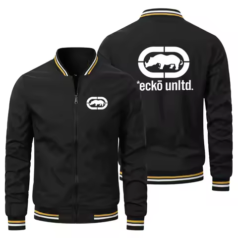 Spring Autumn Men V-neck Casual Jacket Ecko Unltd Print Hip Hop Streetwear Top, Ribbed Cuff Zipper J