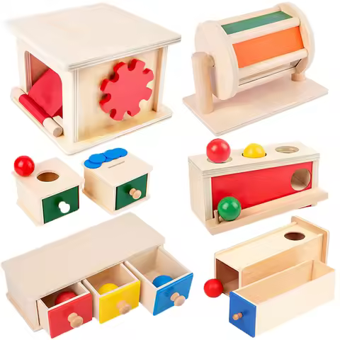 Kindergarten Montessori Wooden Toys Winder Object Permanence Box Coin Box Drawer Game Textile Drum T