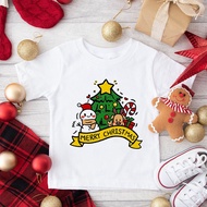 Christmas Deer Snowman Tree Print Pattern T-shirt Outfit Sisters Outfit Children White Short Sleeve 