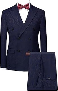 Men's 3 Piece Jacquard Wedding Suit Paisley Pattern Blazer Vest Pants FZ077-BWT(Dark Blue,46L)