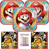 SUPER MARIO Brothers Party Supplies Pack Serves 16: 9 Inch Plates and Luncheon with Birthday Candles (Bundle for 16)