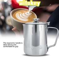 WITAKEY Coffee Frothing Pitcher, Silver With Lid Milk Frothing Pitcher, Latte Coffee Art Handle Desi