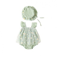 Baby Girl Daisy Romper with Hat Set Sage Green Floral Mesh Tutu Dress Newborn Jumpsuit Baju Bayi Per
