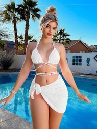Traje De Baño Bañador bikini triángulo halter liso con falda de playa para mujer 3 piezas