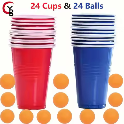 YANBIGUO Beer Pong Game Set 24 Pcs 16 Oz Plastic Party Cups with 24PCS Ping Pong Balls for Bar Game,