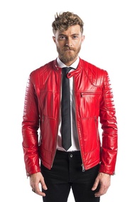 JAKET KULIT ASLI DOMBA PRIA WARNA MERAH BAHAN TEBAL EMPUK SUPER LEMBUT ANTI GERAH TAHAN API DAN ANGI