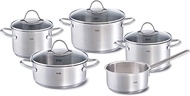 Fissler Palermo Stainless Steel Saucepan Set of 5 Pots with Glass Lids (3 Saucepans, 1 Stewing Pan, 