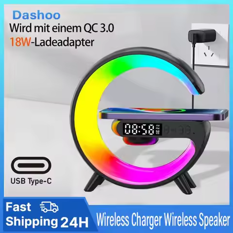 Universally 15W Wireless Charger Multi Functional Wireless Speaker with RGB Night Light Alarm Clock 