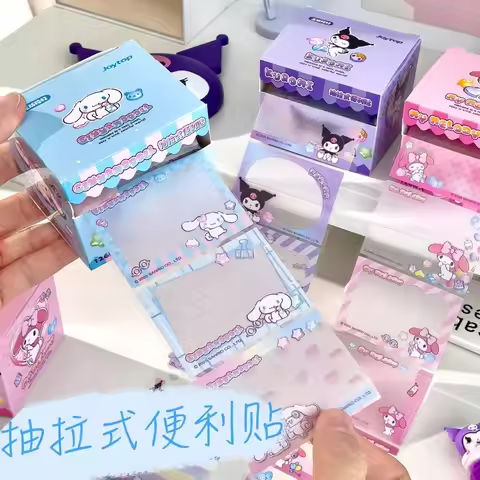 Sticky Notes Kuromi Sanrio Hello Kitty Pull Out Transparent Frosted Self Adhesive Memo Pad Box Schoo