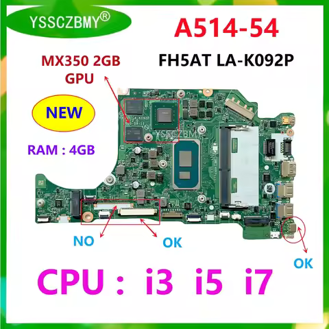 FH5AT LA-K092P Mainboard For Acer Aspire A514-54 A514-54G Laptop Motherboard with CPU i3 i5 i7 GPU M