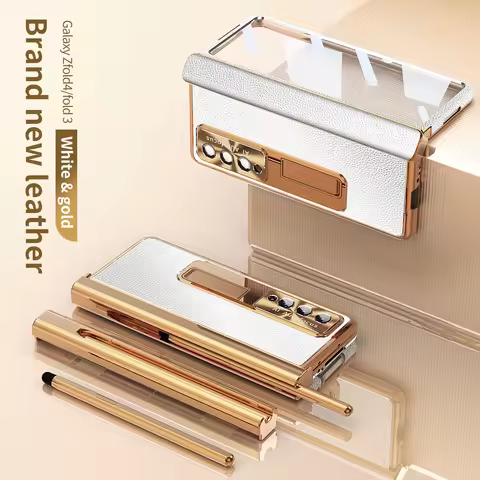 With S Pen Fold 5 Plating Leather Case For Samsung Galaxy Z Fold 5 4 3 360 Full Screen Protector Mag