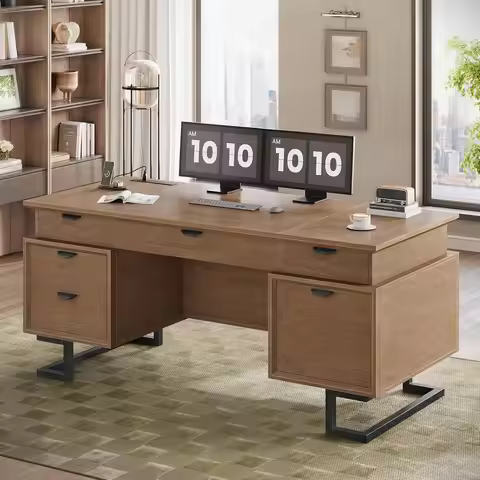 63" Executive Desk with Charging Station, Large Home Office Desks with 6 Drawers and 2 Storage Cabin