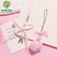 NAESV Y2K Phone Chain, Y2K Pink Hairball Mobile Phone Lanyard, Keychain Sweet Ribbon Ballet Shoes Ph