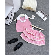 Set áo cổ vest sát nách TM576 kèm chân váy xếp ly tầng cho bé gái