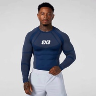 3x3 Basketball Logo Men Mesh Patchwork Compression Long Sleeve Shirt Quick Dry Breathable Navy Color