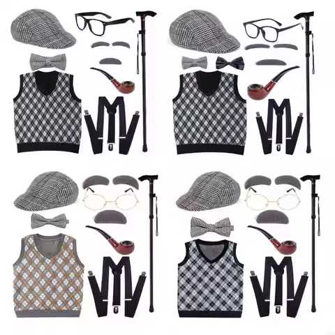 N5KB Kids 100 Days of School Costume Set Halloween Old Man Costume Hat Grandpa Vest Set Old Person D