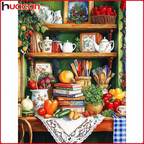 Huacan 5D DIY Diamond Painting Cabinetry Foods Books Diamond Mosaic Landscape Complete Kit Picture O