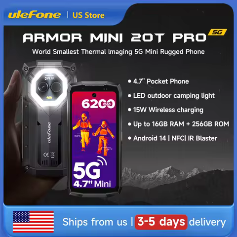 Ulefone Armor Mini 20T Pro 5G 4.7" Display Rugged Phone Android 14 LED Light 6200mAh 16GB+256GB Ther