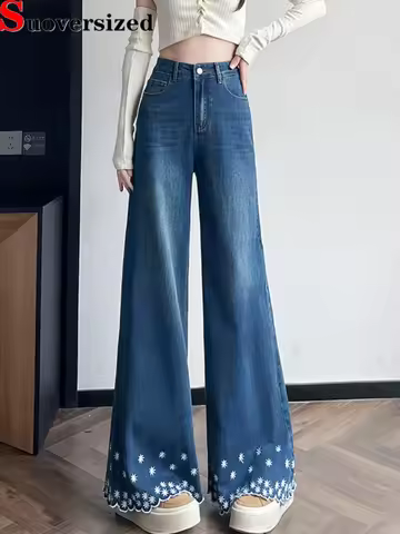Embroidered High Waisted Wide Leg Jeans Women's Casual Vintage Fashion Loose Vaqueros Streetwear Wid