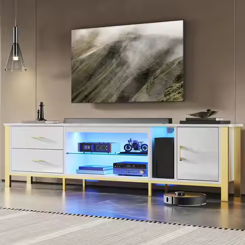 TV Stand for 75/80/85 inch TVs, LED Gaming Entertainment Center, Media Console with Glass Shelves fo