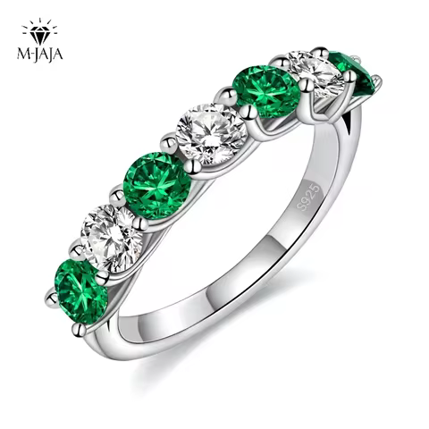 M-JAJA 3.5mm Emerald Gemstone Ring S925 Sterling Silver Lab Created Sapphire/Ruby Moissanite Wedding
