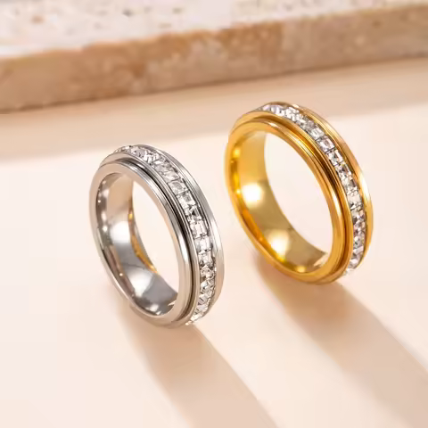 Women's Anxiety Ring Titanium Steel Spinner Fidget Ring with Cubic Zirconia for Anxiety Relief, Wedd