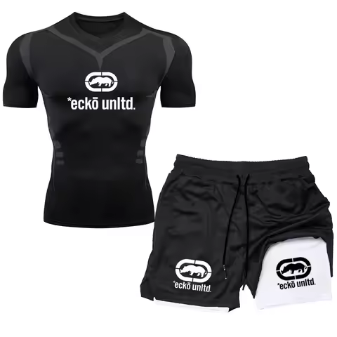 Ecko Unltd Men Fitness Set Grey Compression Tee+2 in 1 Liner Athletic Shorts Quick Dry Breathable Fo
