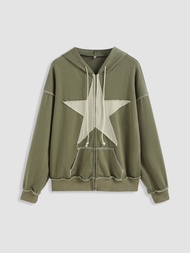 Cider Cider Terry Star Pattern Zip Up Oversized Hoodie เสื้อแจ็คเก็ตแขนยาวผู้หญิง เสื้อฮู้ดกันหนาวแขนยาวผญ ทรงโอเวอร์ไซส์ ลุคสตรีท