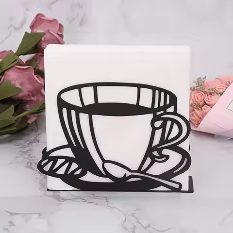 Standing Napkin Dispenser For Table Black Stainless Steel Coffee Cup Theme Napkin Holder 5.1*3.9*1.5